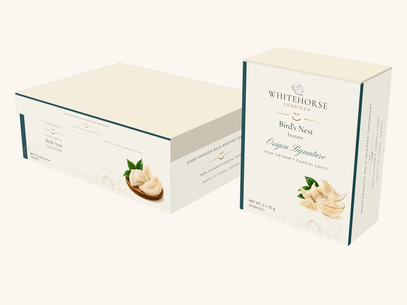 Packaging concept render: bird's nest line-up — a cleaned-nest rigid box and an instant bird's nest carton