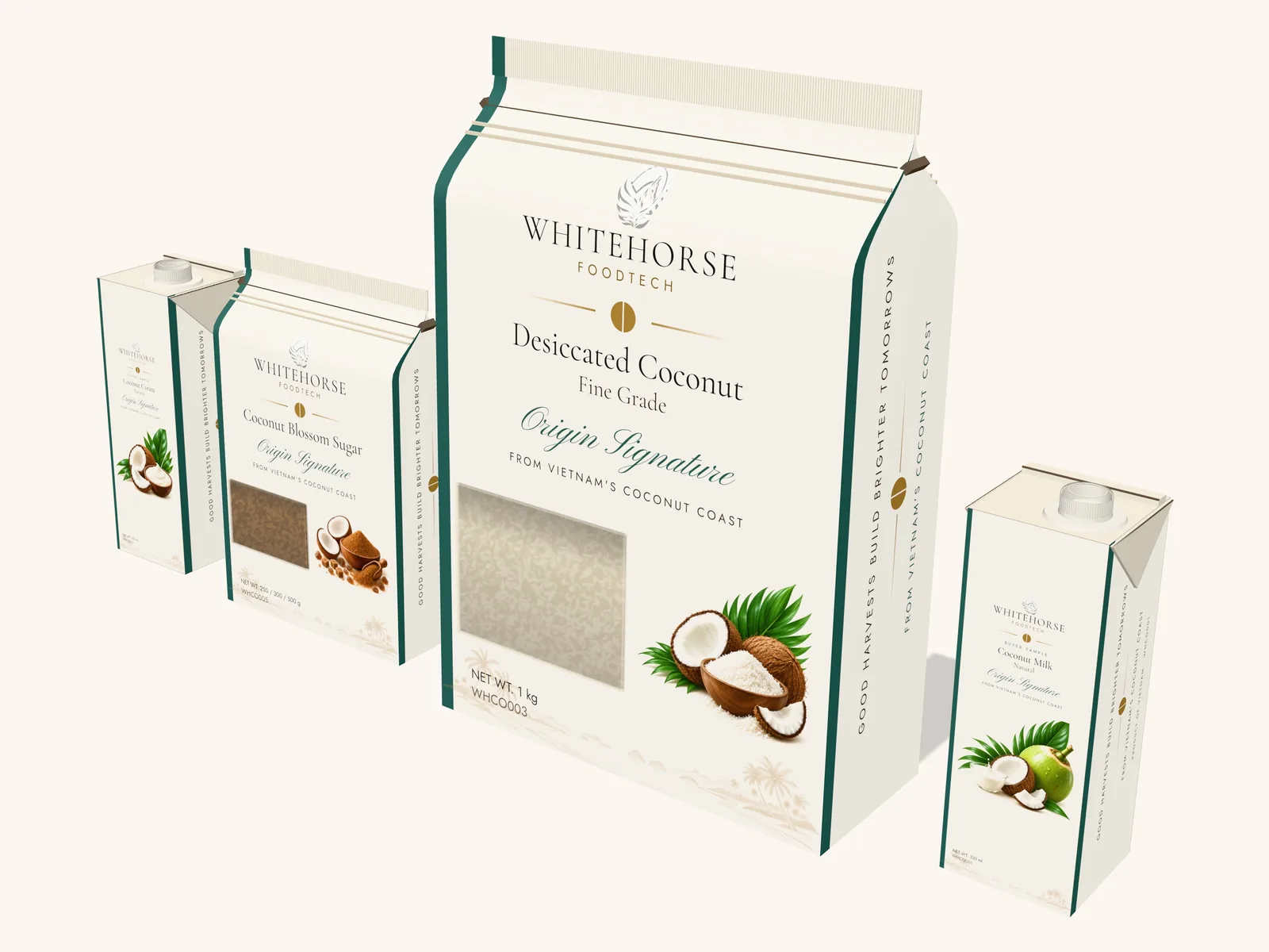 Packaging concept render: coconut line-up — milk and cream cartons, desiccated coconut, coconut milk powder and coconut blossom sugar pouches