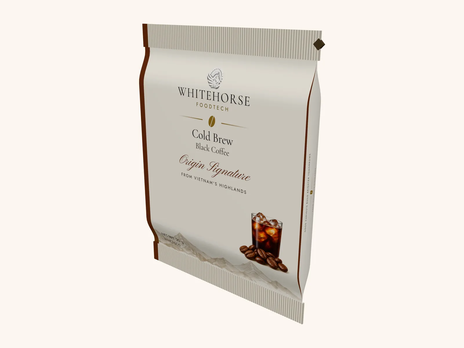Hình render bao bì ý tưởng cho WHCF006: cold brew cà phê đen trong túi bán lẻ 20 g