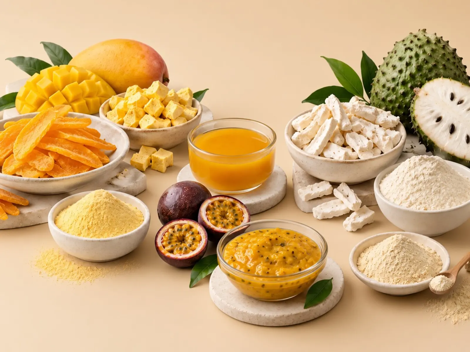 Owner-supplied product photograph showing mango, soursop and passion fruit in dried, powder, concentrate and purée formats
