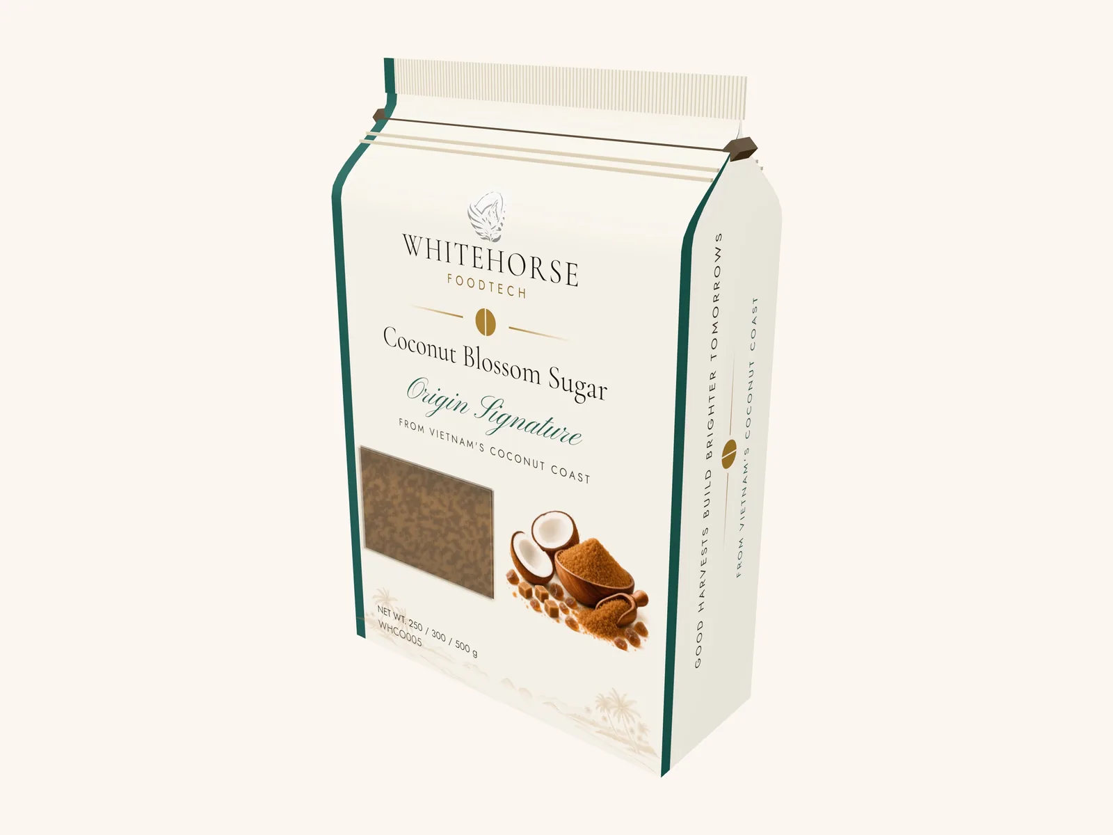 Packaging concept render: coconut blossom sugar in a retail pouch with window