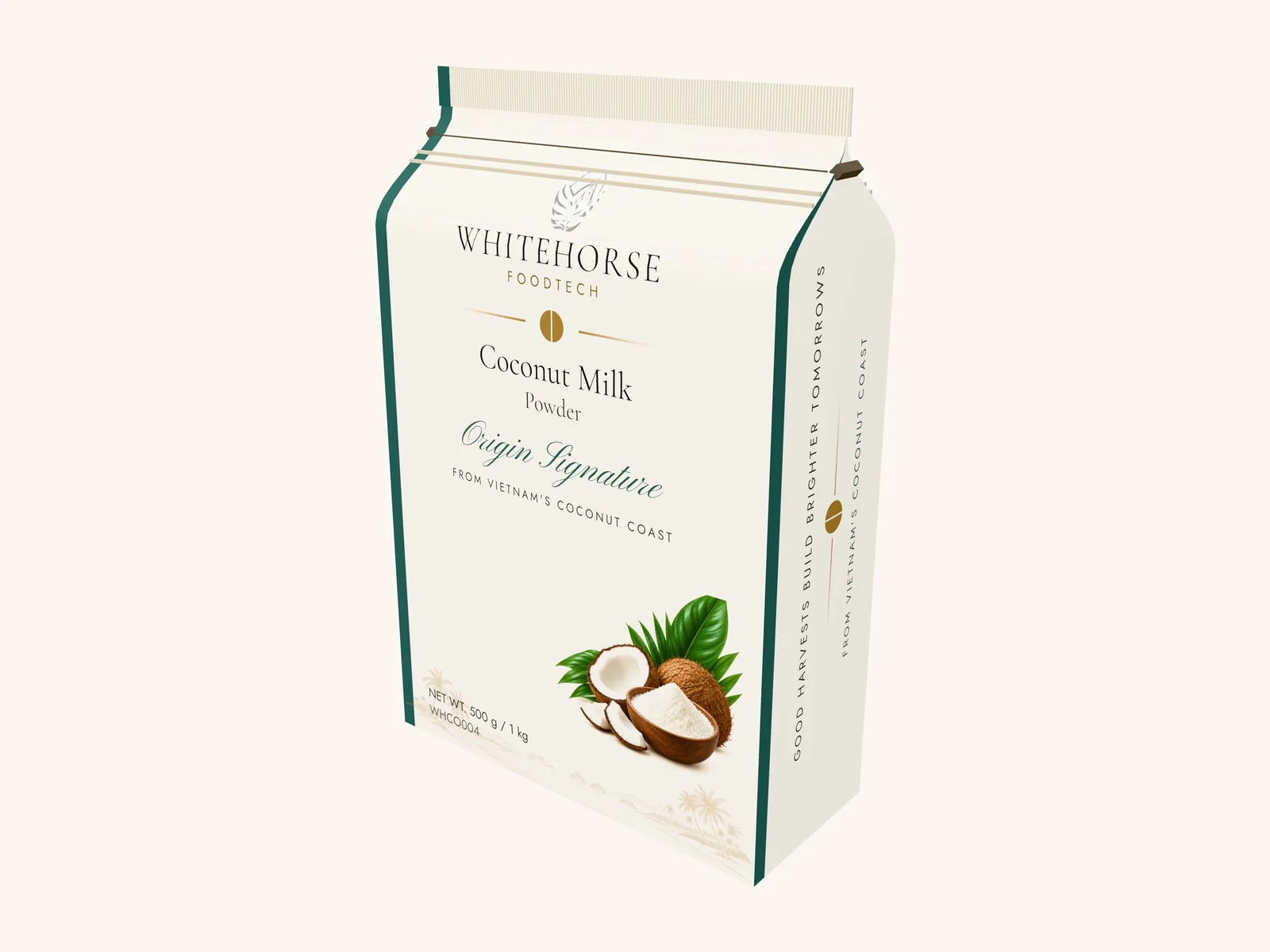 Packaging concept render: coconut milk powder in a 500 g / 1 kg pouch