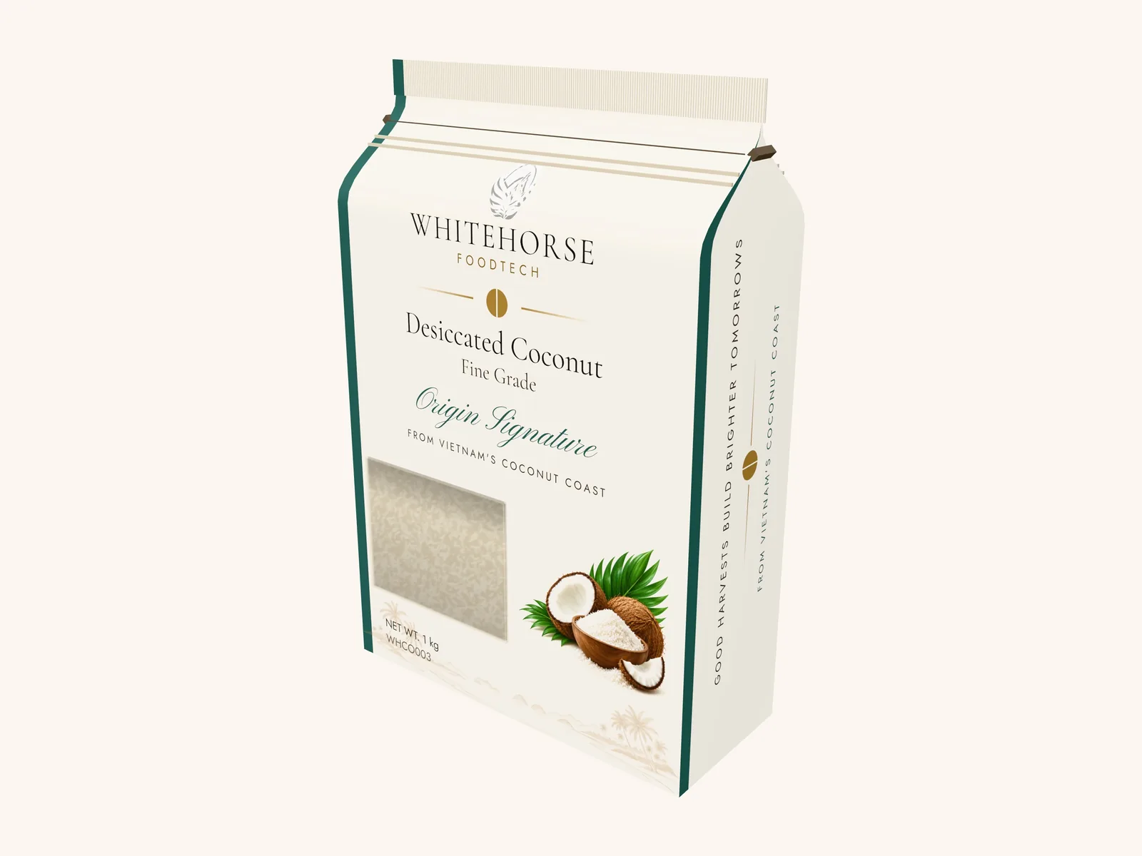 Packaging concept render: desiccated coconut, fine grade, in a 1 kg pouch with window