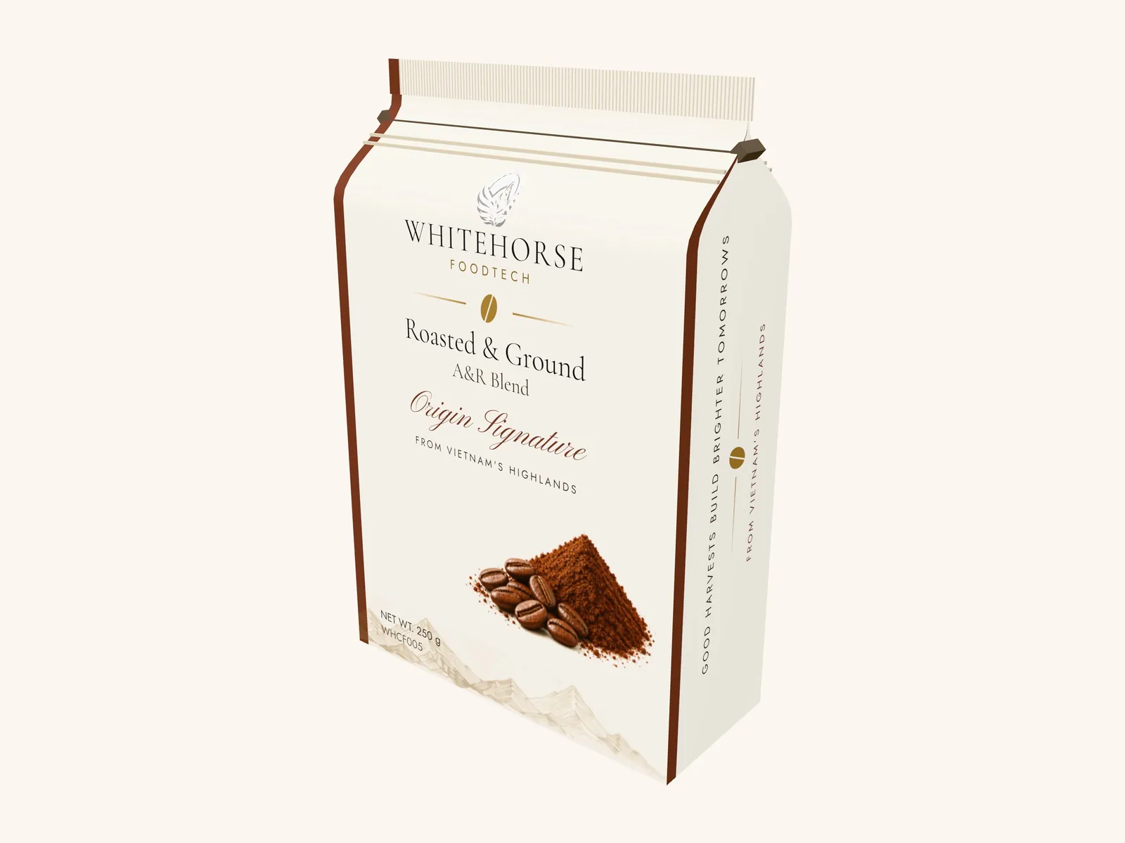 Packaging concept render for WHCF005: roasted and ground coffee in a 250 g pouch