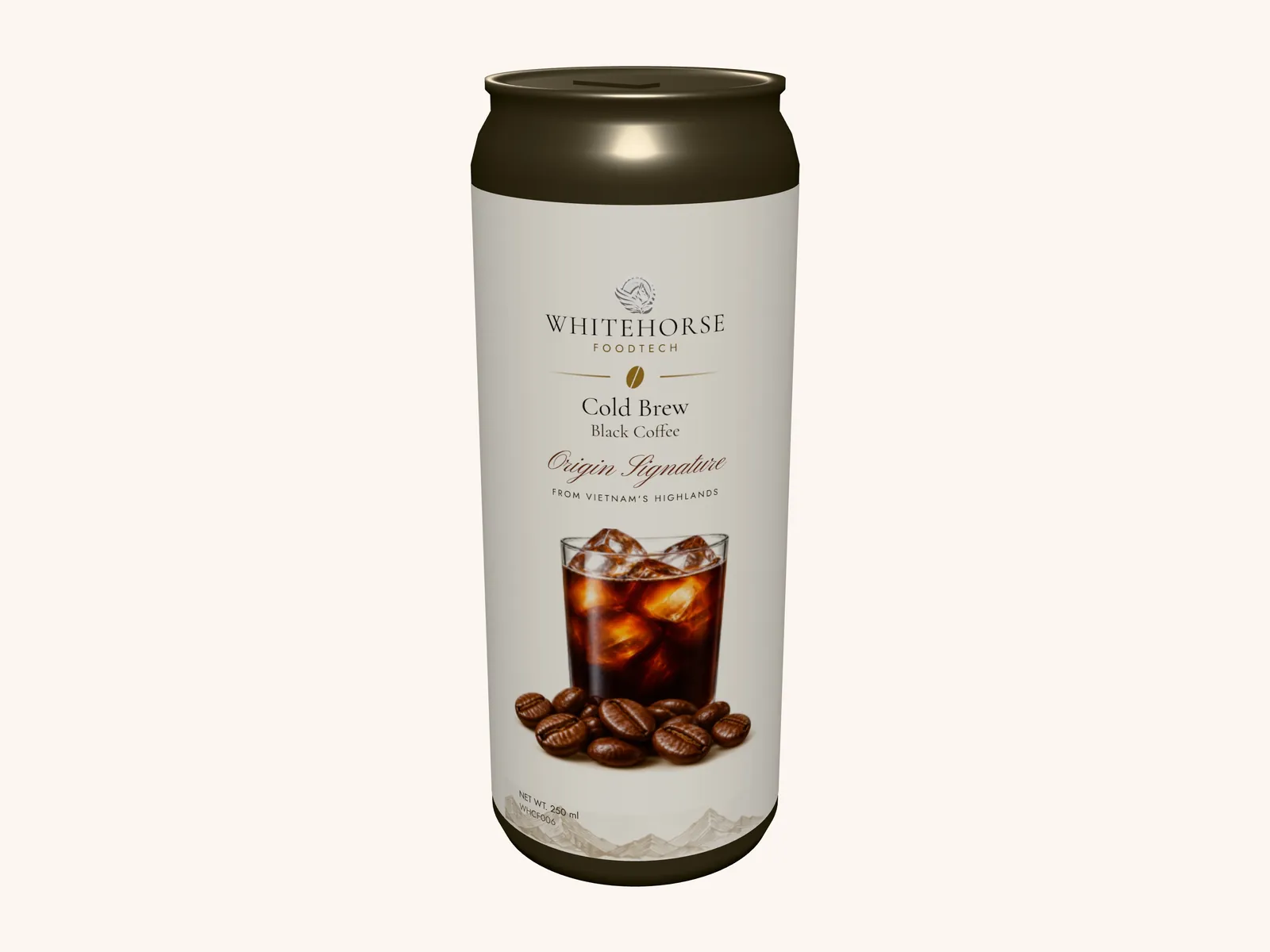 Hình render bao bì ý tưởng cho WHCF006: cold brew cà phê đen trong lon 250 ml