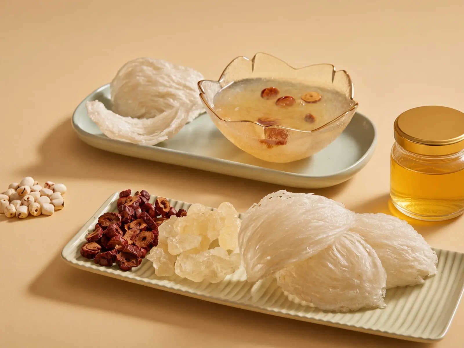 Owner-supplied product photograph of cleaned bird's nest with prepared bird's nest, red dates, rock sugar and honey