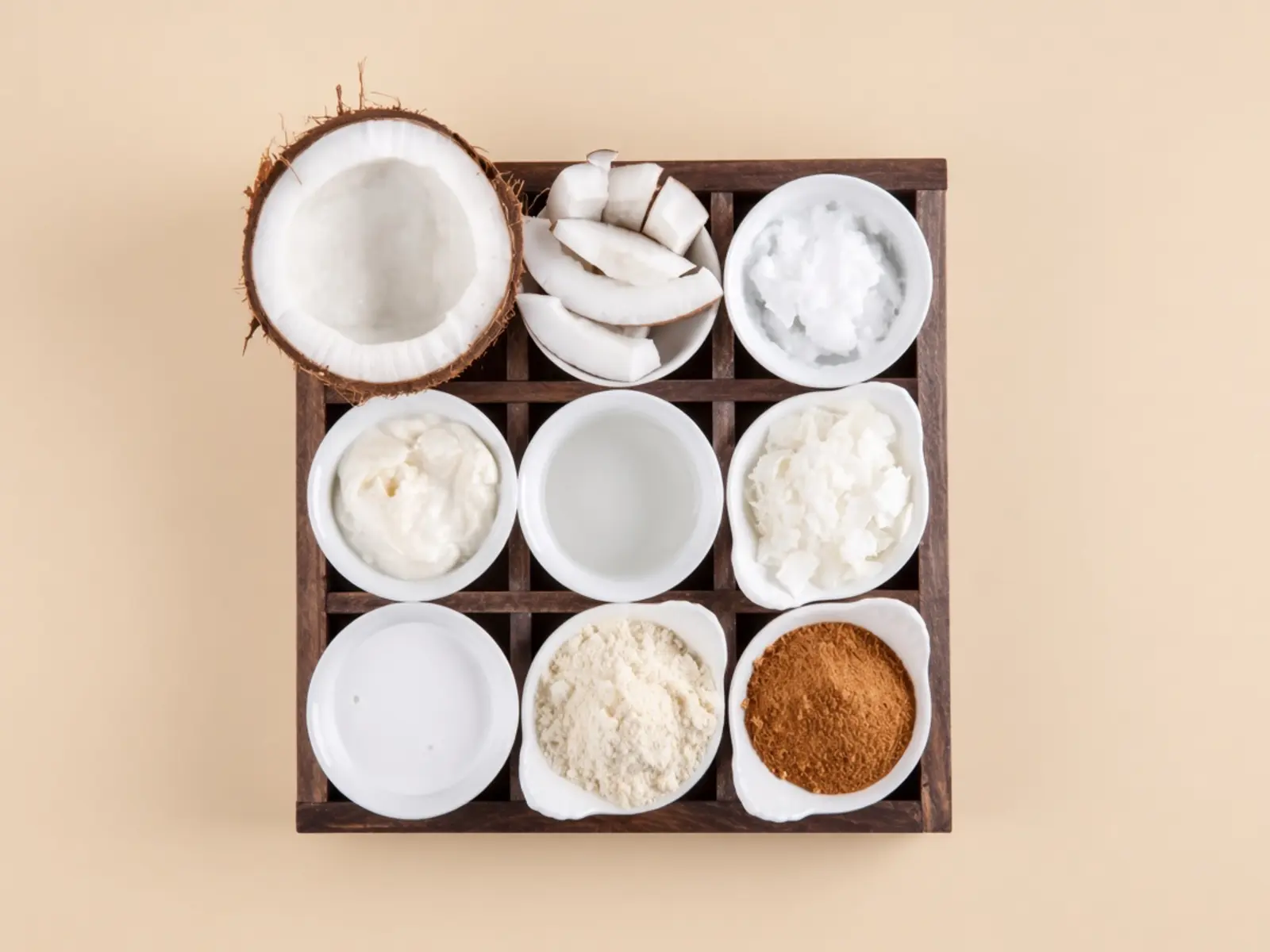 Owner-supplied product photograph of coconut, milk, cream, flakes, milk powder and coconut sugar