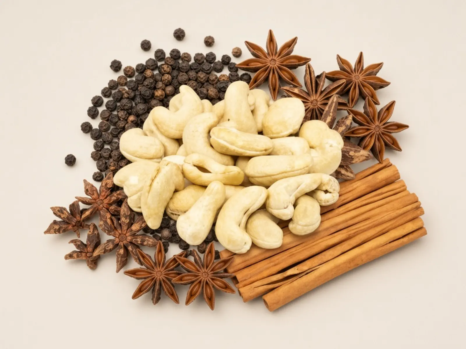 Owner-supplied product photograph of cashew kernels, black pepper, star anise and cinnamon