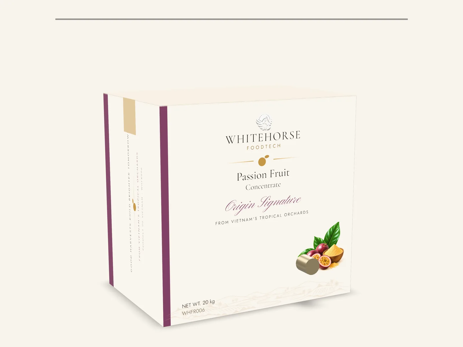 Packaging concept render: passion fruit concentrate in a 20 kg bag-in-box carton
