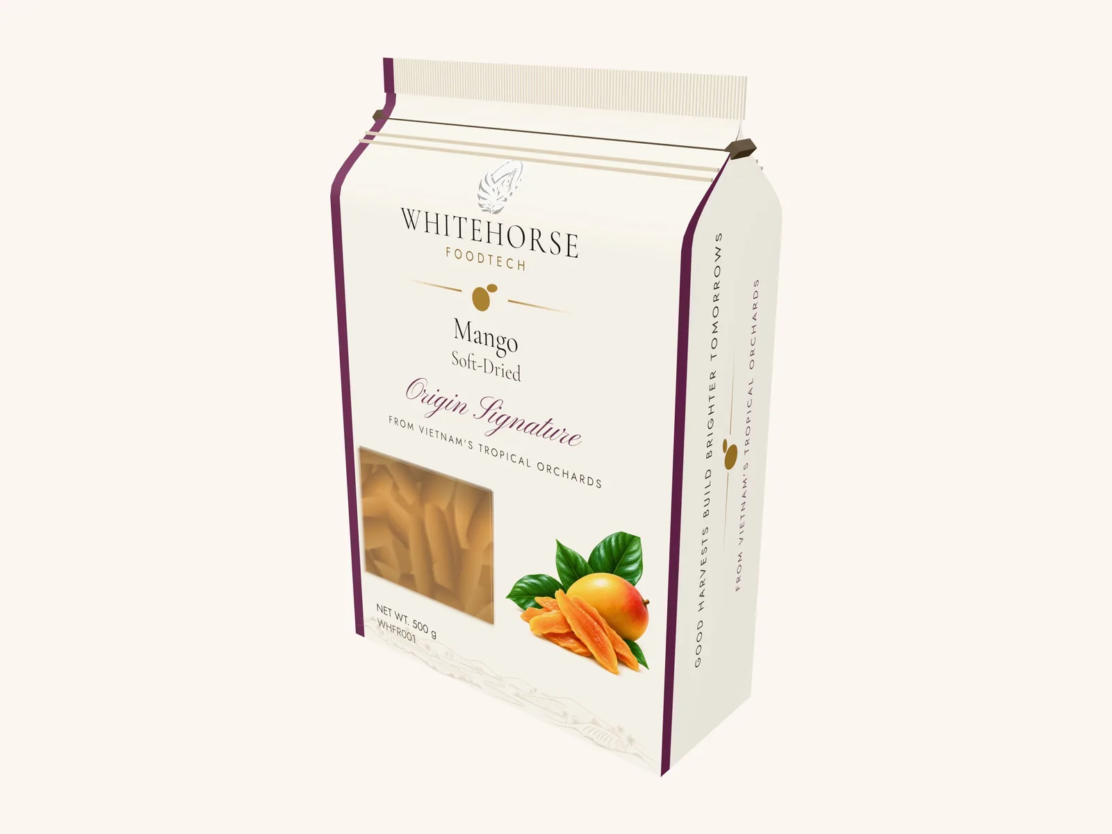 Packaging concept render: soft-dried mango in a 500 g pouch